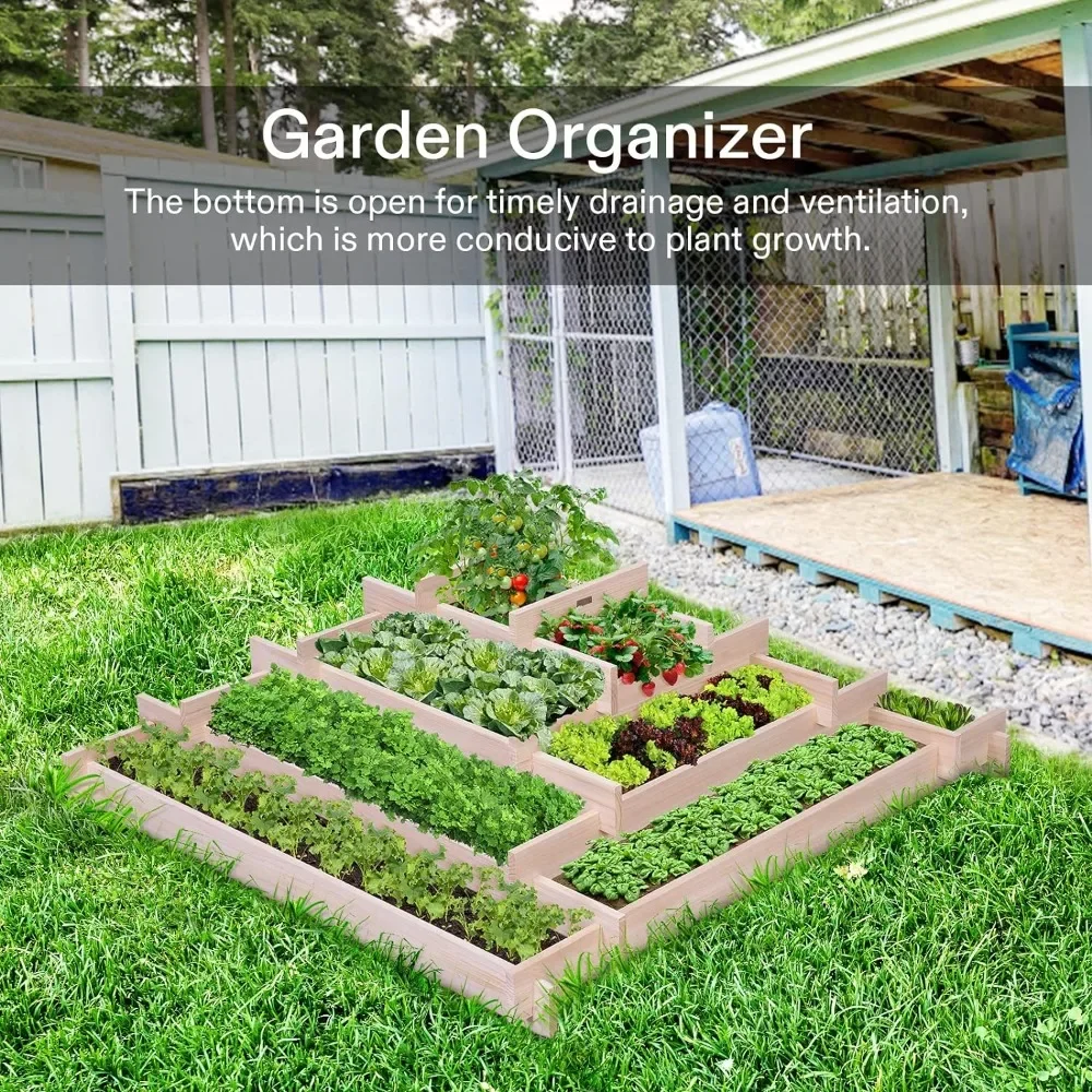 Wooden  5-Tier Raised Garden Bed, 42 X 42 X 14 Inches, Outdoor Wood Planter Box with Gloves and Liner for Garden, Patio