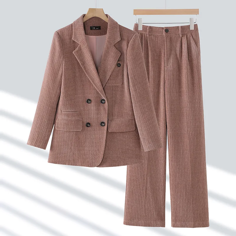 2024 Solid Autumn Winter Women Business Pant Suits Formal Elegant Corduroy Double Breasted Blazer Jacket + Wide Leg Pants