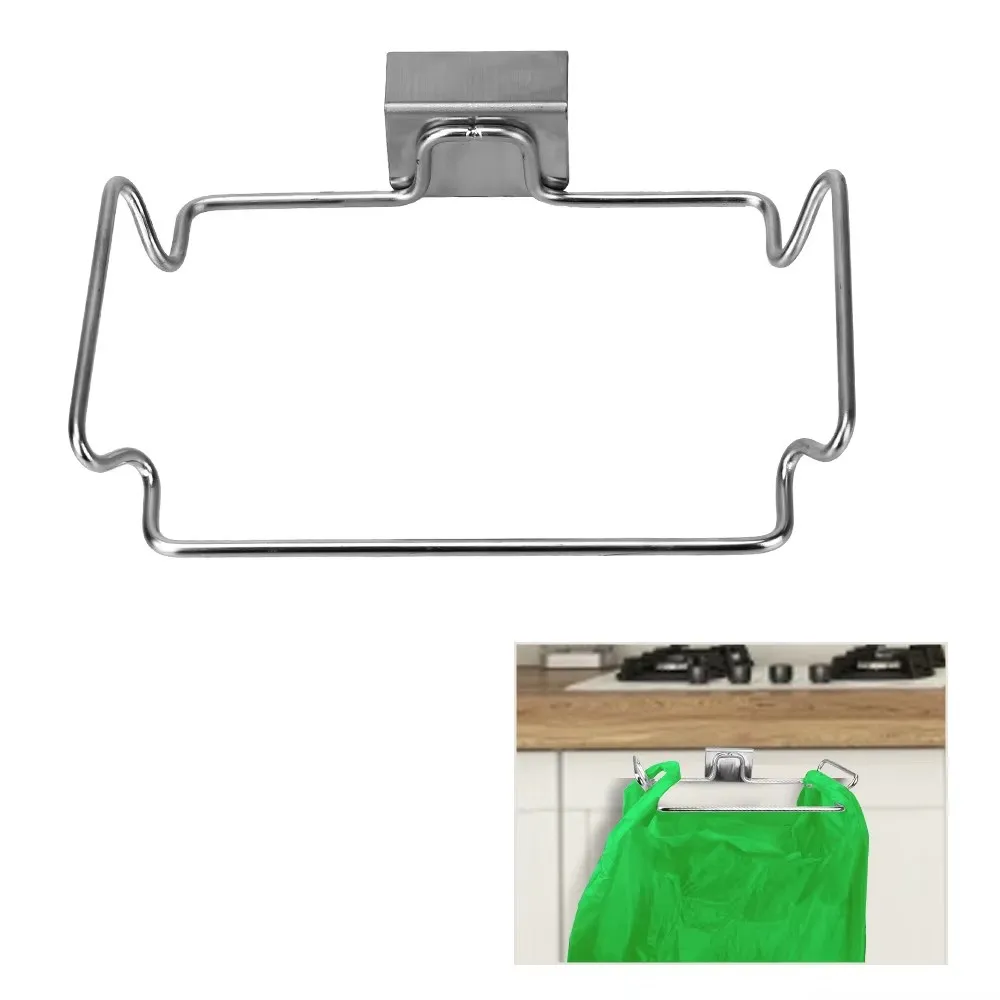 Stainless Steel Non Perforated Kitchen Garbage Rack with Hanging Bracket, Cabinet Door Garbage Bag & Cloth Storage Rack