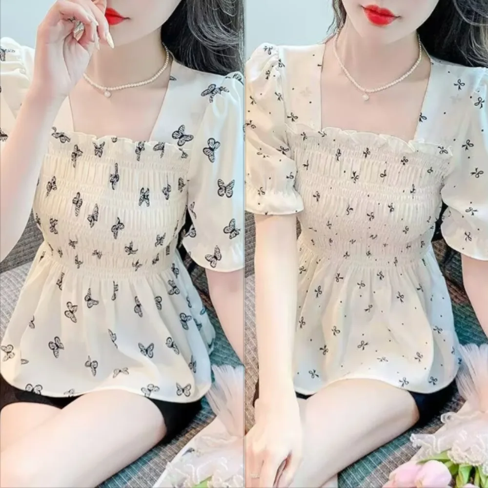 

French Square Neck Chiffon Shirt Women Slim Casual Butterfly Short Sleeve Top