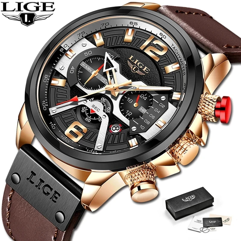 2023 New Mens Watches LIGE Top Brand Leather Chronograph Waterproof Sport Automatic Date Quartz Watch For Men Relogio Masculino