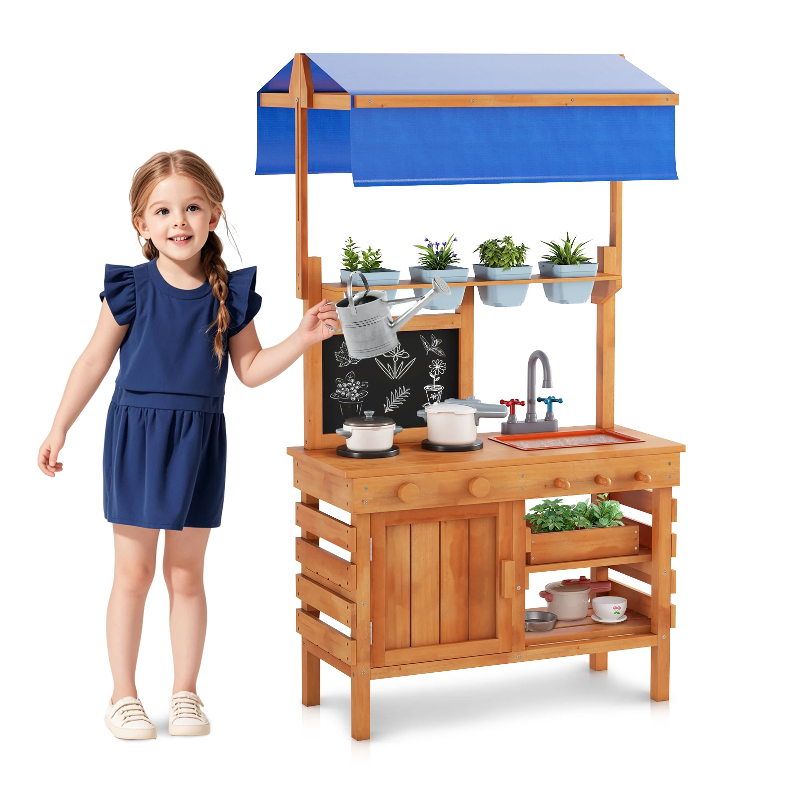 Mud Kitchen, Wooden Pretend Play Kitchen with Height Adjustable Canopy, Blackboard, Planting Cups, Stoves, Sink, Oven & Drawer