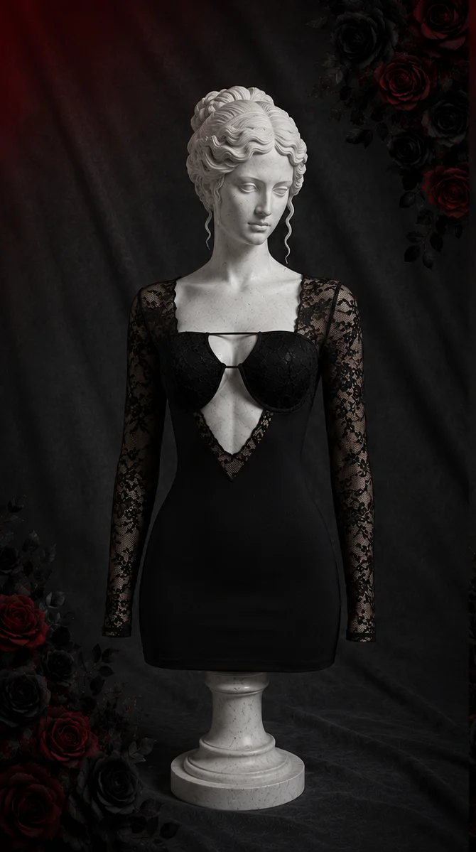 【Fragments.One Choice, No More Choices.】Hot Sweetheart Plunging Sheer Lace Black Sexy Bodycon Dress