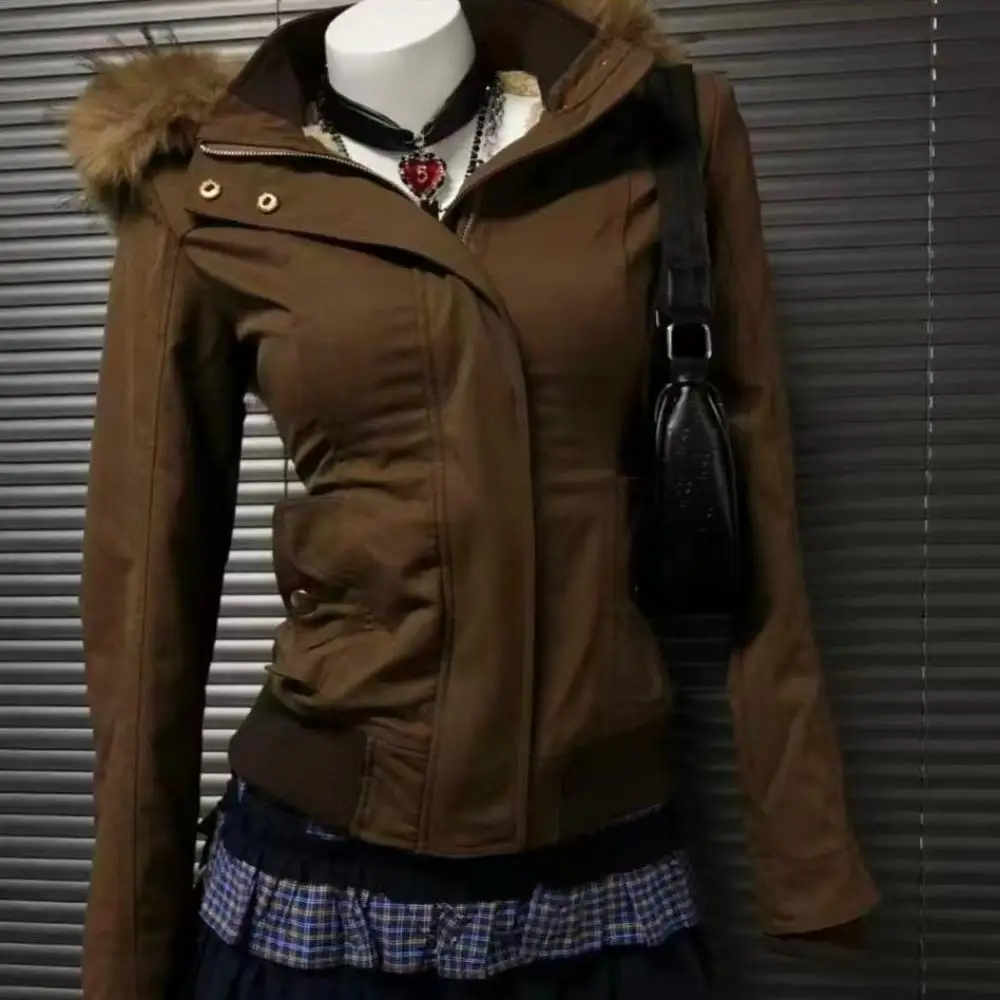 2026 Women's Vintage Brown Short Hooded Jacket Autumn Winter American Fur Collar Coat Workwear Jacket Slim Zipper Hoodie Thicken