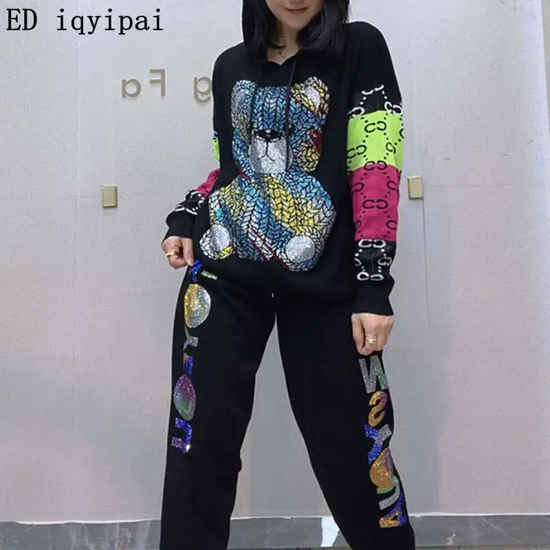 ED iqyipai Patchwork Diamonds Sweater Set With Long Pants Women Autumn Tracksuit Casual Knitting Hooded Tops And Jogger\'s Trouse