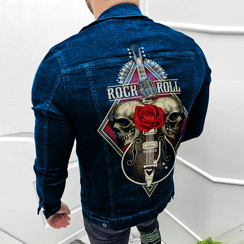 Punk Style Skull Printing Denim Jackets Men Vintage Turn-down Collar Buttoned Ripped Jean Shirt Jacket Streetwear Mens Slim Coat