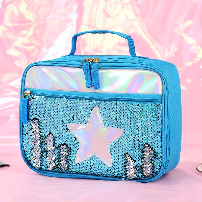 High Quality Fashion Waterproof Reverse Sequin Insulated Kids Girls Boy Lunch Box Glitter Tote Bag Cooler Picnic Pouch for Food