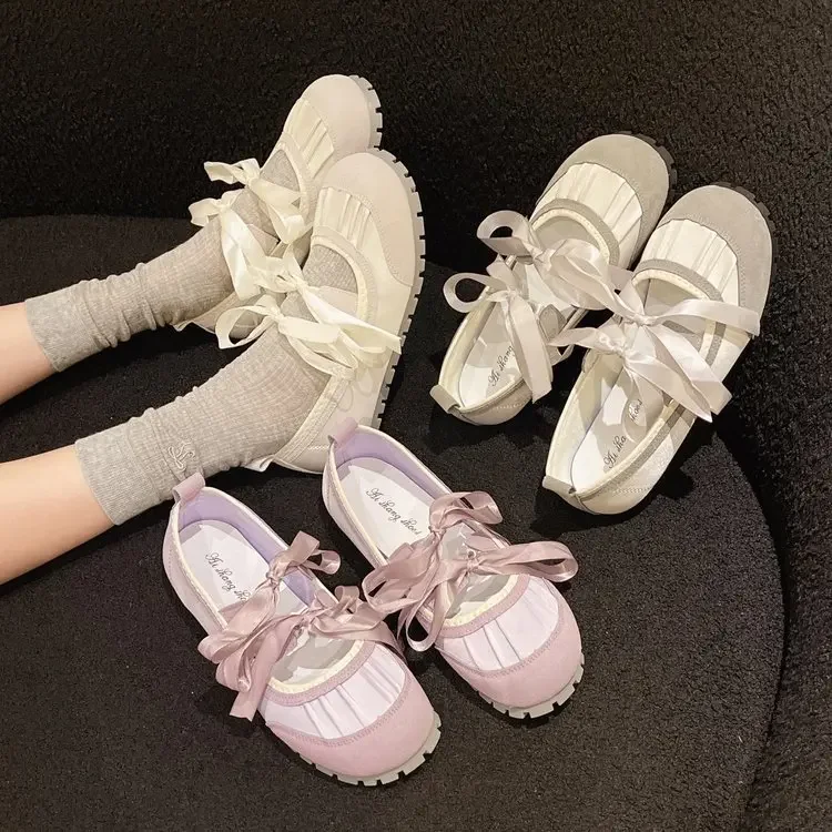 Spring Autumn Women Double Bowknot Buckle Lace Up Mary Jane Shoes Fashion Elegant Ladies Round Toe Shallow Flats Ballet Shoes