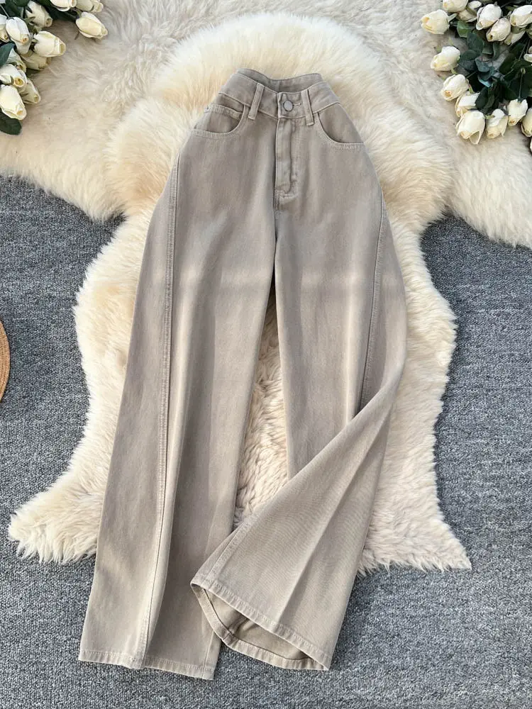 

Simple and casual high waisted denim wide leg pants women spring new loose fashion versatile solid color straight-leg pants