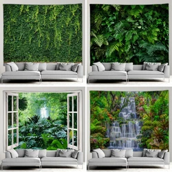 Green Plants Patio Wall Decoration Tapestry Tropical Leaves Waterfall Nature Landscape Bedroom Living Room Tapestry Wall Hanging