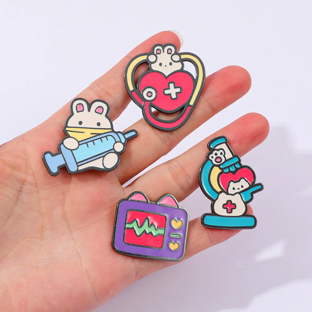 Anime Microscope Stethoscope Brooch Cute Rabbit Enamel Pin Backpack Clothing Jewelry Metal Badge Accessories Gift