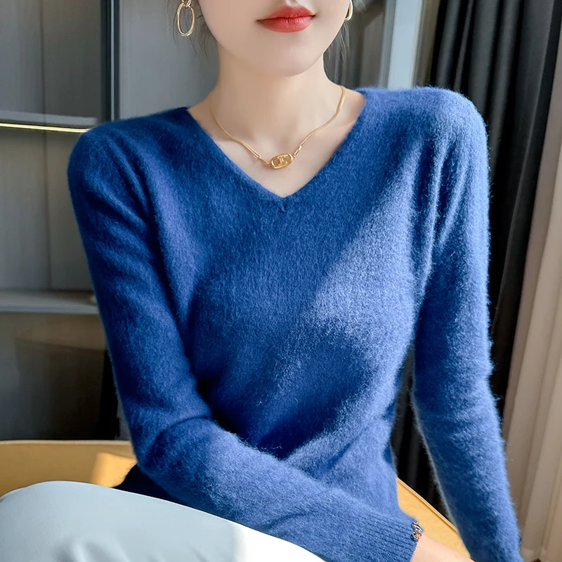 Autumn Winter New 100% Cashmere Sweater Women\'s Clothing V-Neck Knitted Pullover Tops Solid Color Long sleeved Women\'s sweater