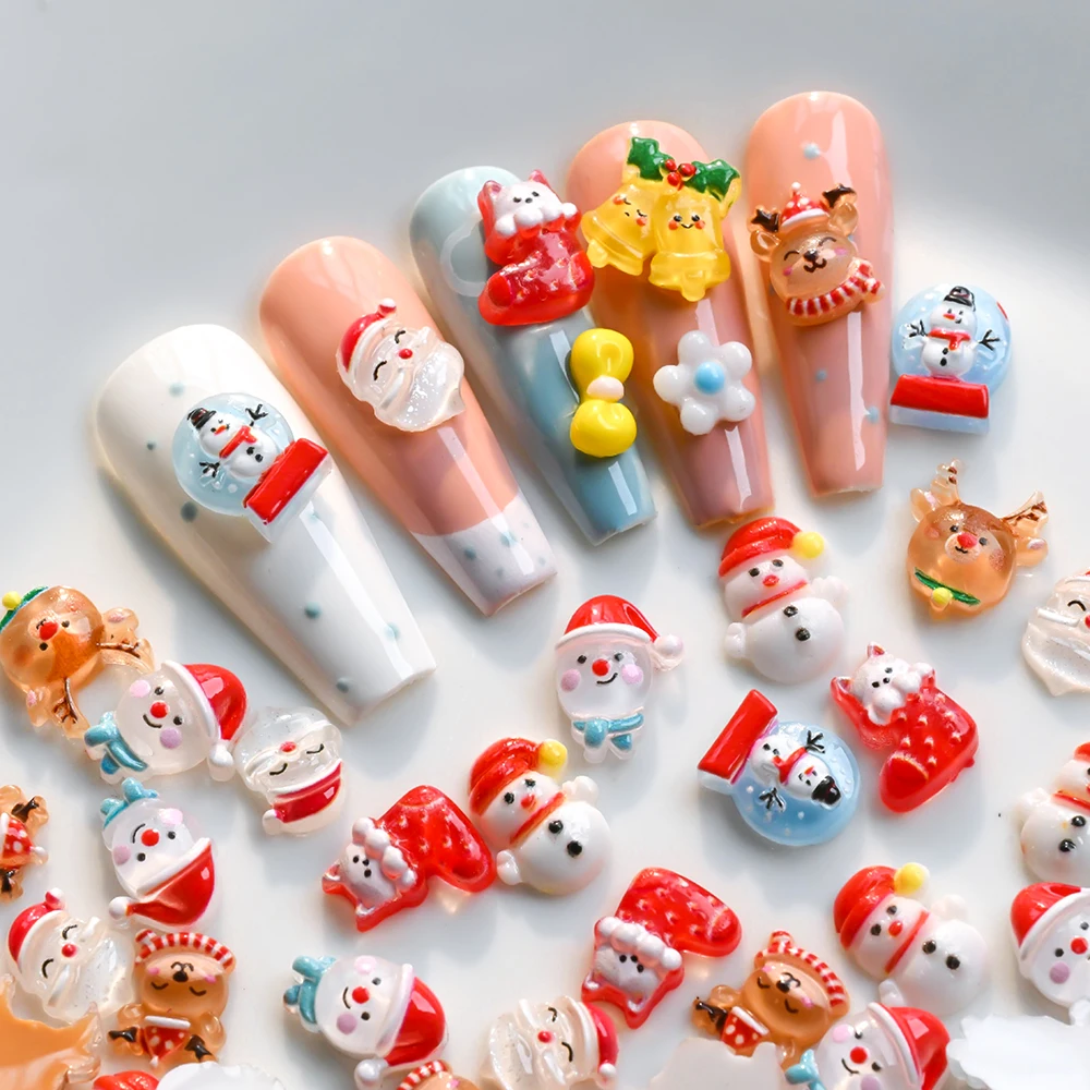 

150Pcs 3DSnowman Elk Christmas Nail Charms Cartoon Xmas Bell Sock Resin Nail Art Decoration For DIY Crafts Hair Jewelry Kid Gift