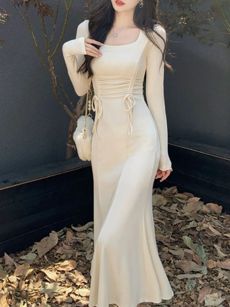 

Autumn Knitted Shirring Mermaid Dress French Elegant High Waist Slim Party Prom Casual Midi Dresses Solid Female Clothes New