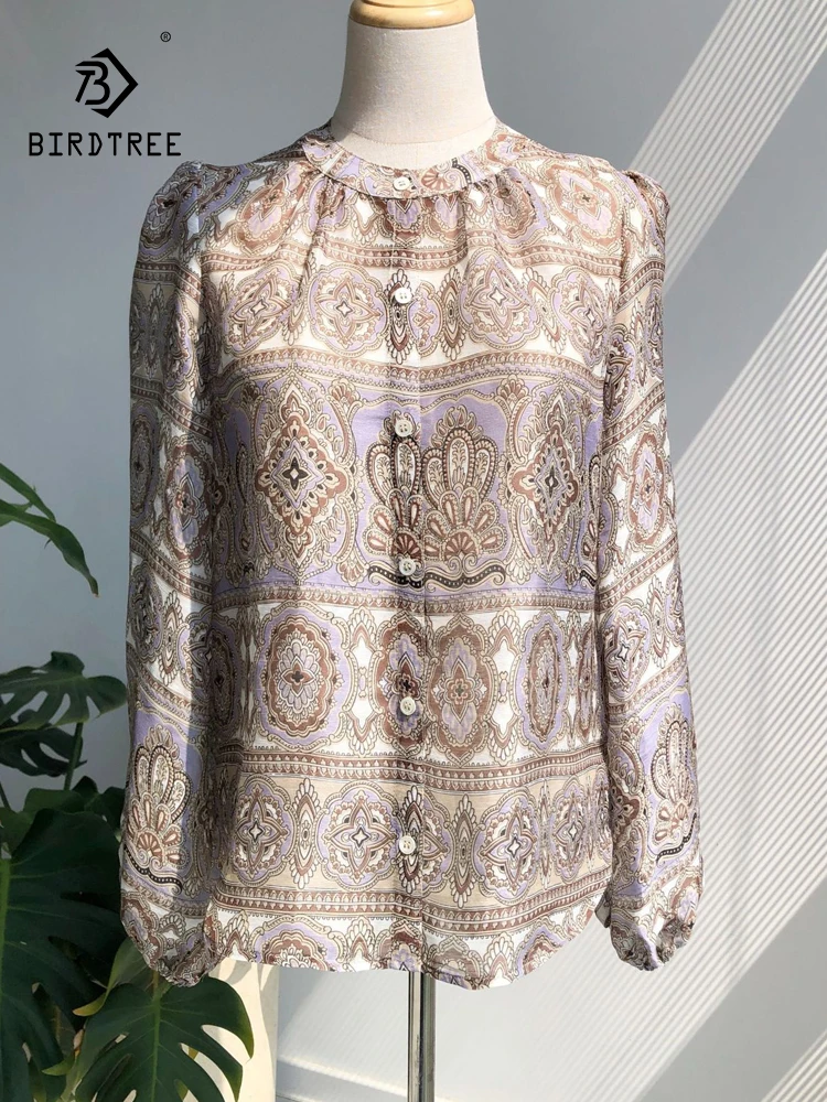 

BirdTree-22%Silk 78%Linen Elegant Shirt, Women Long Sleeve O Neck Print, Bohemia Versatile Loose Blouse, 2025 Autumn T58759CC