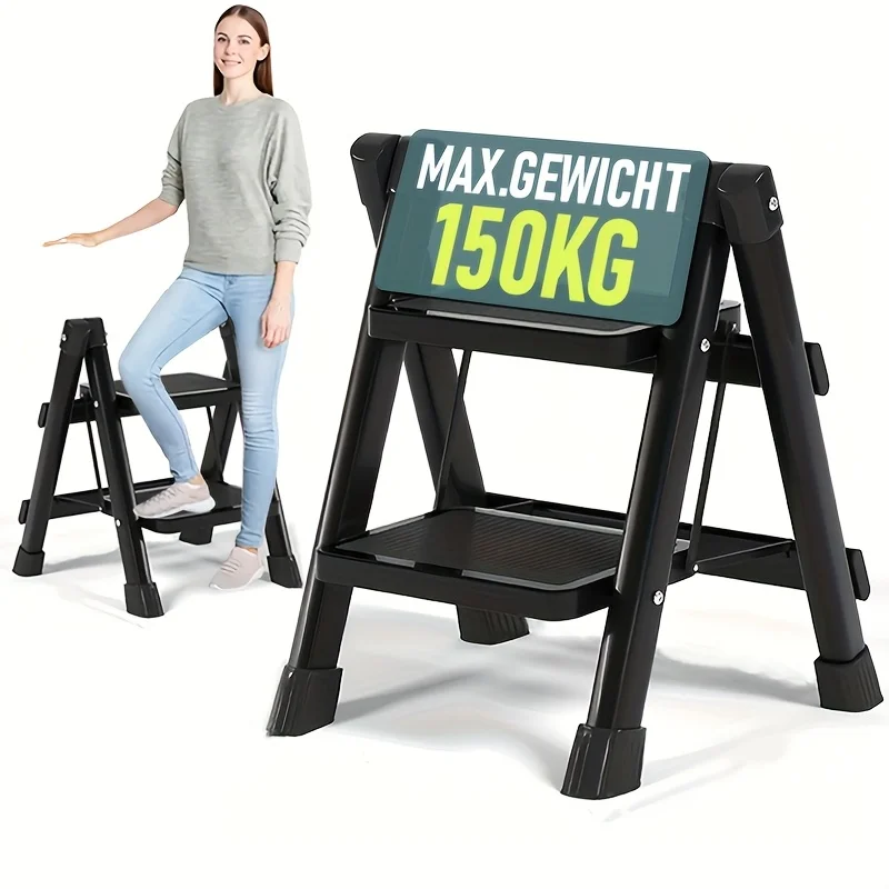 Escalera de 2 peldaños, taburete plegable ligero, pedal ancho antideslizante, carga de 150kg, escalera portátil para el hogar y la oficina