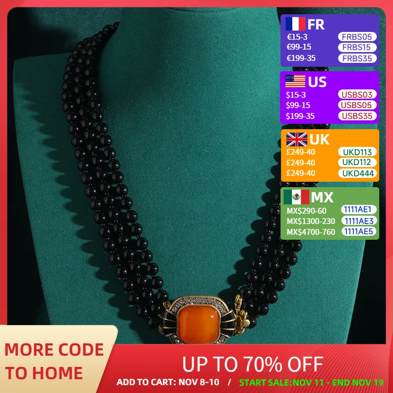 

Vintage Jewelry Black Necklace With Pendant Woman Layered Bead Chain Designer Square Orange Stone Party Luxury Charm Accessories