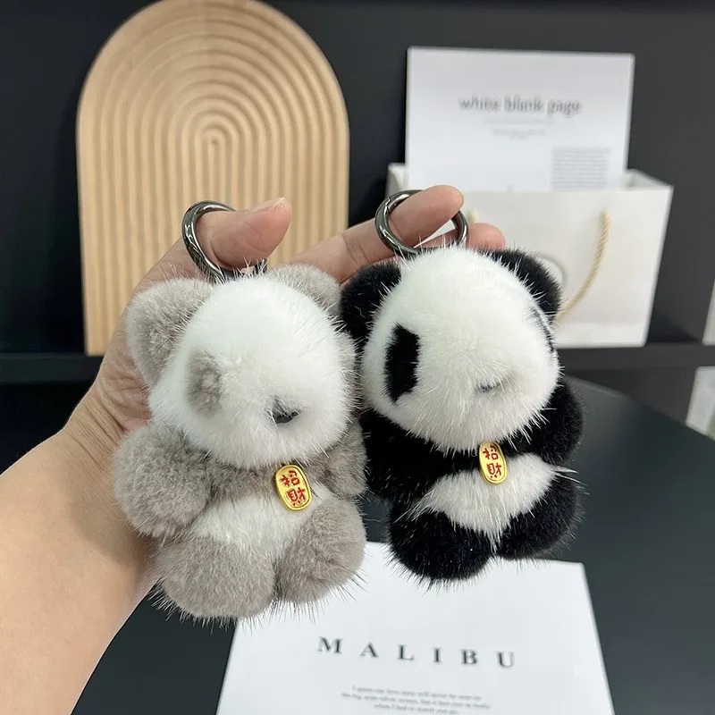 

Mink Hair Cute Little Panda Handbag Pendant Plush Pendant High end Keychain Toy Jewelry Car Interior Pendant Wallet Chain Gift