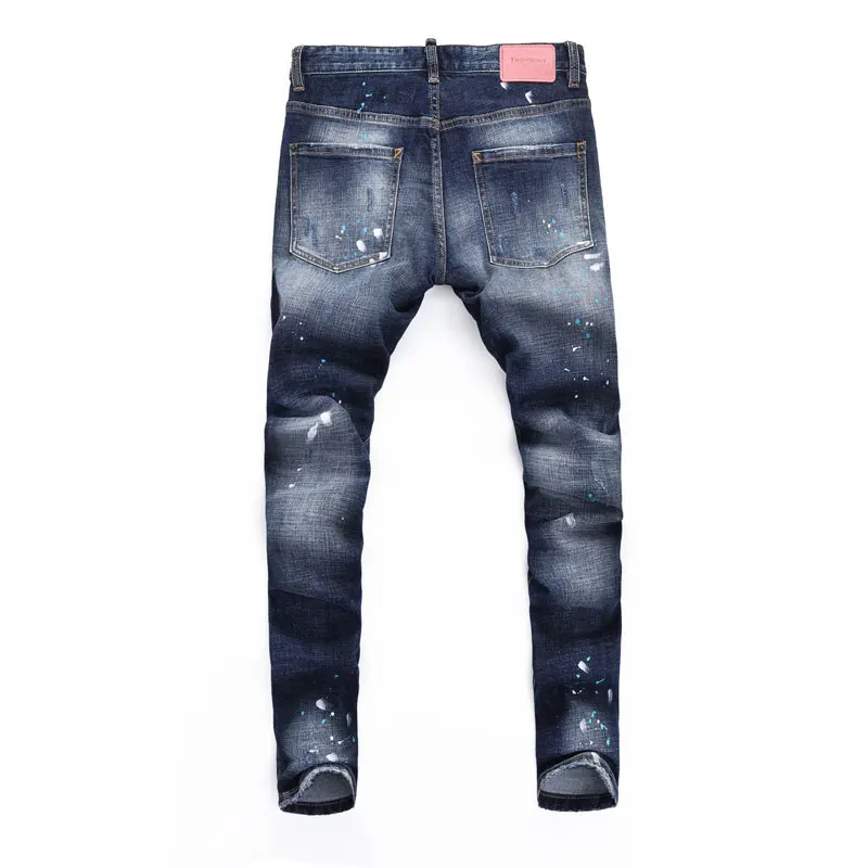 Jeans jeans azul retrô masculino, calça stretch, slim fit, pintada rasgada, moda de rua alta, marca