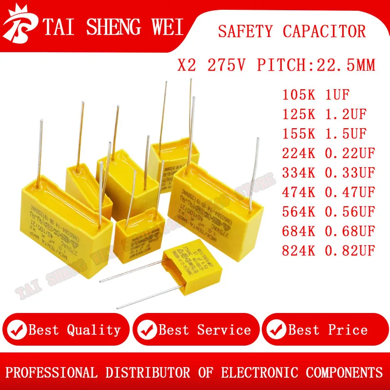 

10PCS 275VAC 275V X2 Polypropylene film Safety capacitor Pitch 22.5mm 1UF 1.2UF 1.5UF 0.22UF 0.33UF 0.47UF 0.56UF 0.68UF 0.82UF