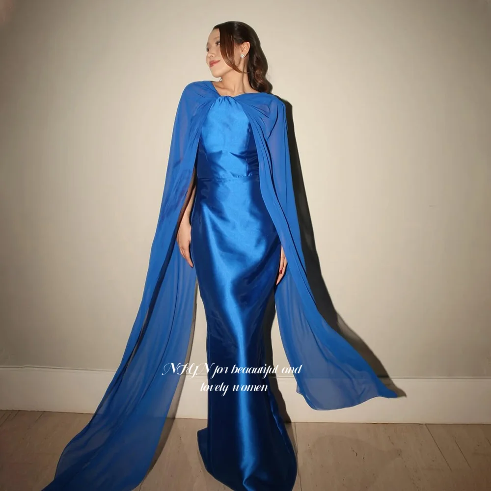 

NFYN Royal Blue Prom Dress Cape Sleeve Party Dress Straight Evening Dress for Arabic Women حزب فساتين Customiz