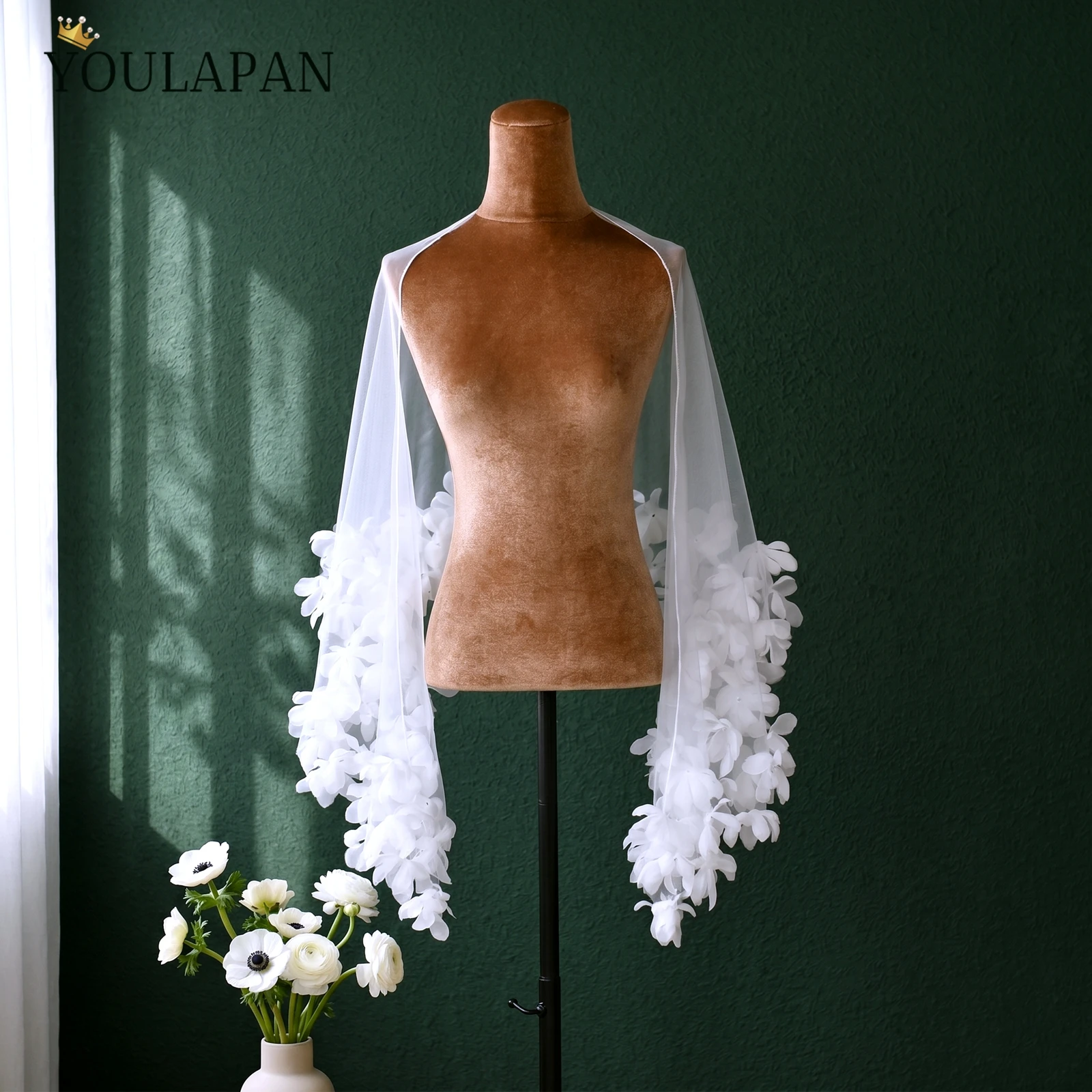 TOPQUEEN MG20 Brautschal mit Blumenrand, Tüll, Damen-Bolero, Brautjacke, Hochzeitsschleier, Capa Boda Novia, DIY, anpassbar – Detail 9