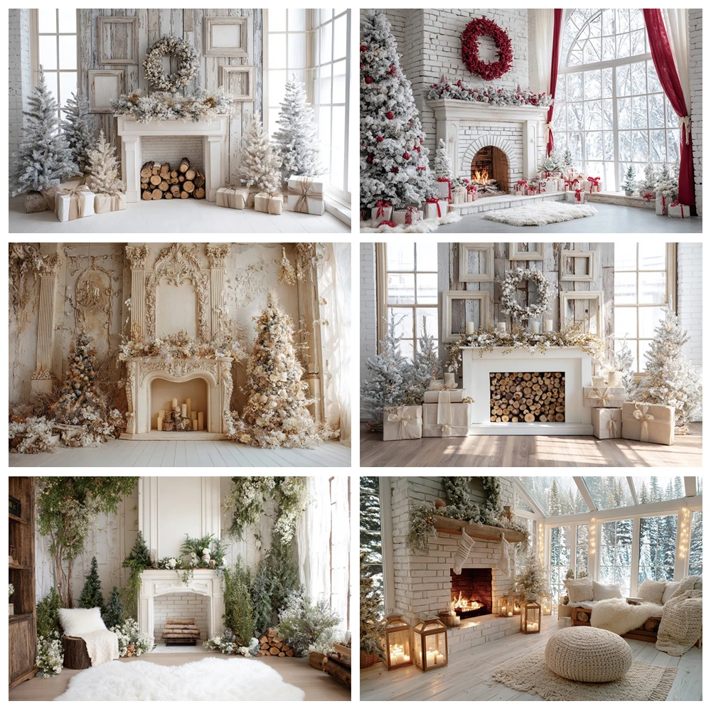 

MOON.QG White Fireplaces Photography Background Christmas Trees Gift Logs Custom Backdrop Birthday Poster Party Portrait Photo