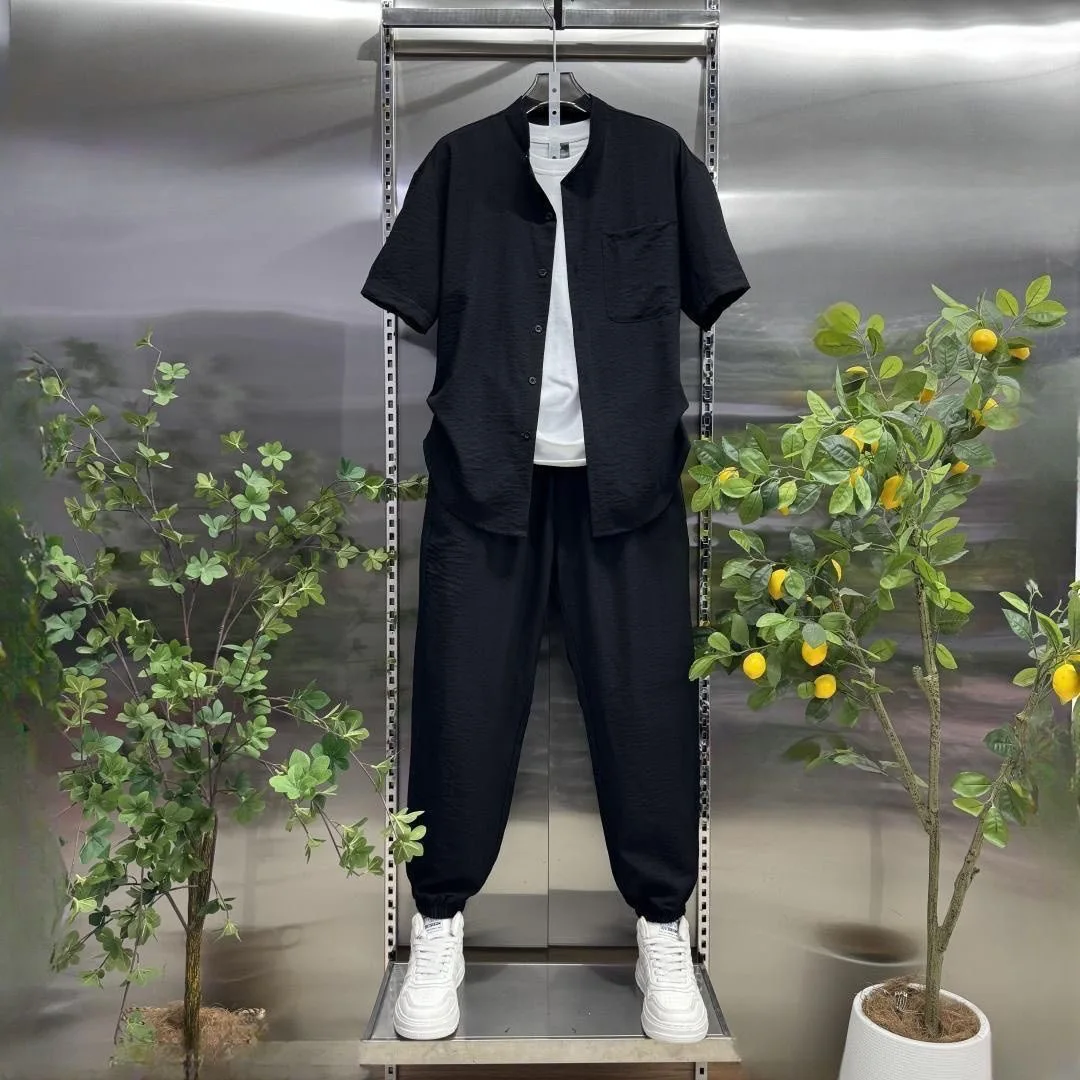 

Summer Men's Casual Two-Piece Set Textured Stand Collar Short Sleeve Shirt & Elastic Waist Pants
