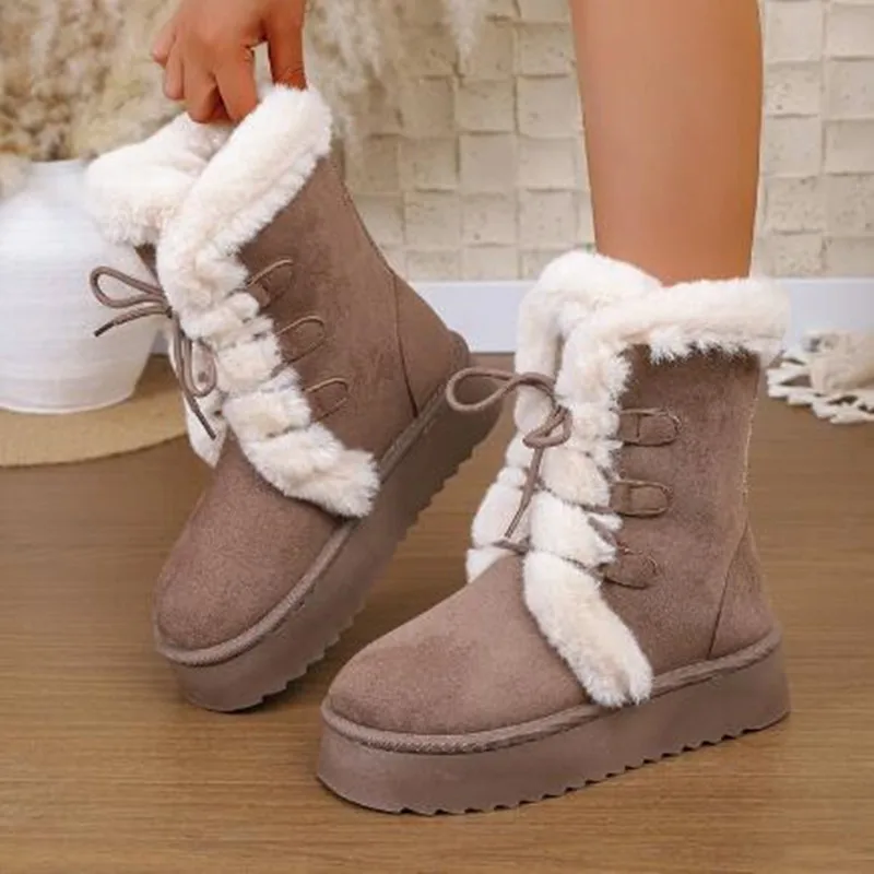 2025 العلامة التجارية الجديدة كبيرة الحجم أحذية الثلوج للنساء أزياء من الدانتل متابعة مسطحة القاع سميكة أحذية الثلوج مريحة غير رسمية أحذية الشتاء