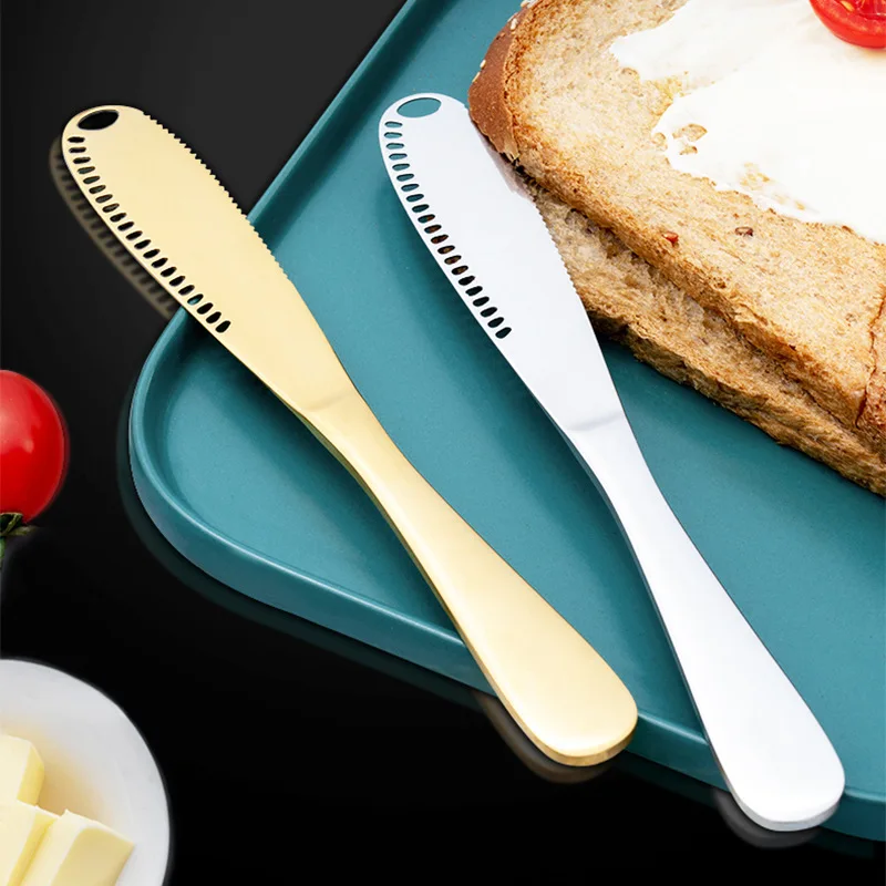 Stainless steel western food butter knife vacuum titanium plating household butter cheese baking knife with holes