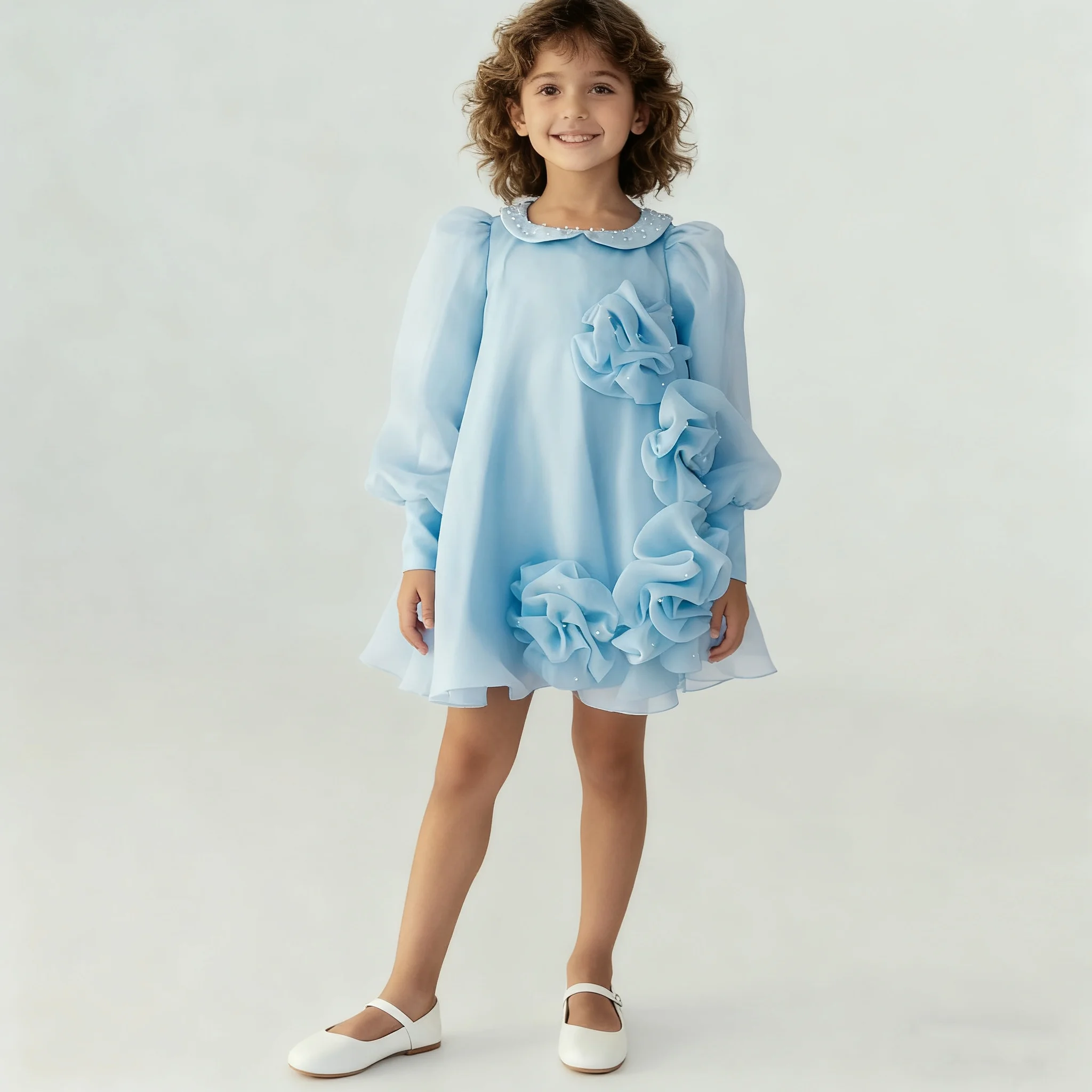 

Elegant Puff Sleeve Toddler Girl Dress with Floral Brooch Multi-Color Chiffon Formal Gown for Wedding Birthday Special Occasion