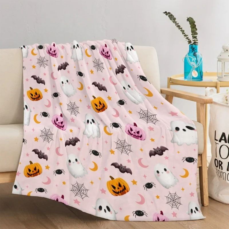 Pink Cartoon Pumpkin Maple Leaf Halloween Flannel Throw Blanket,Coquette Pastel Pumpkin Holiday Blanket for Bedroom Sofa Decor
