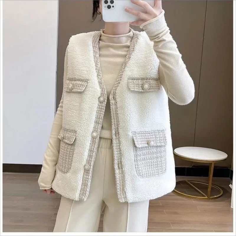 

Winter vest women vintage thick warm top Korean style elegant feminine style buckle sleeveless clothing warm coat