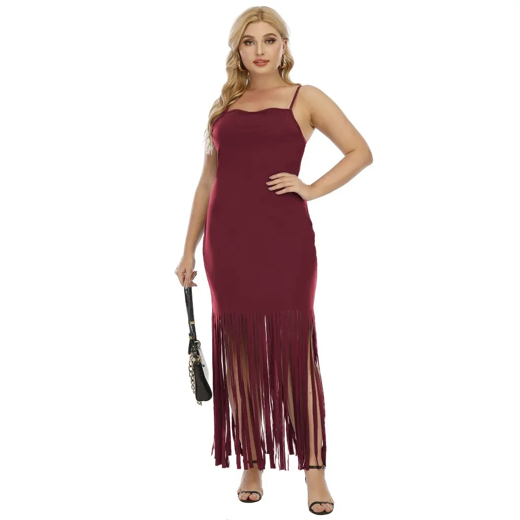 

Large Size Women's Slim-fit Long Dress European American Style Sling Dress with Long Tassel Sexy F200234