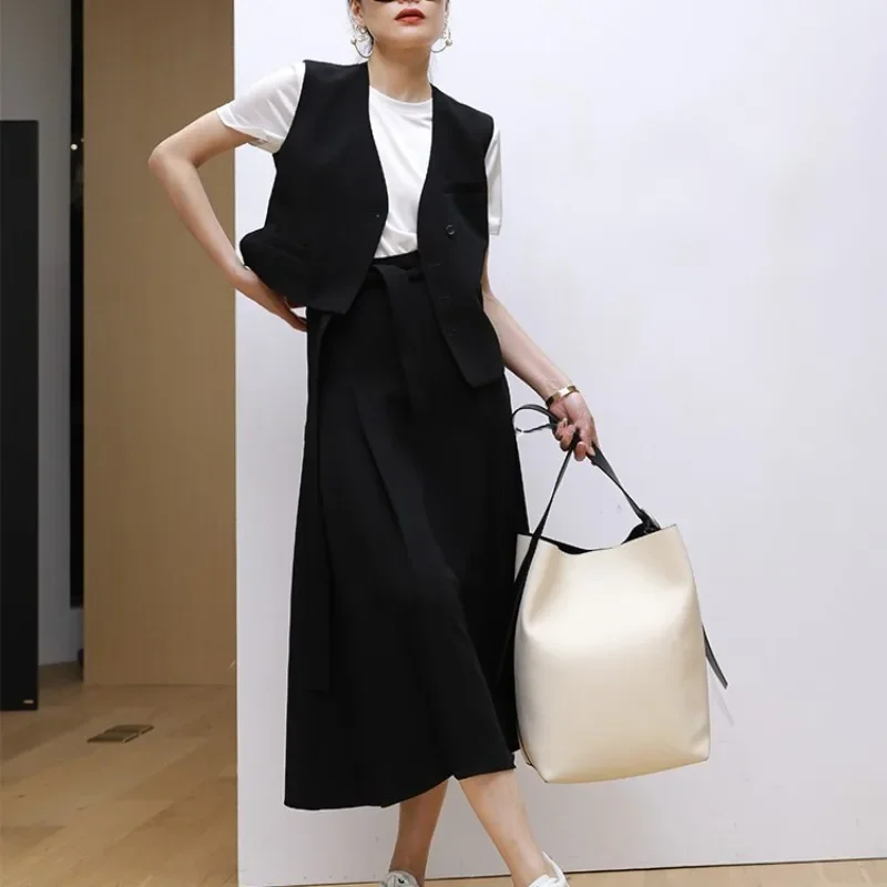 2024 Spring and Summer Women's Clothing Suit Fashion Commuter Retro V-neck Single Buckle Vest A Word High Waist Long Skirt 2pcs