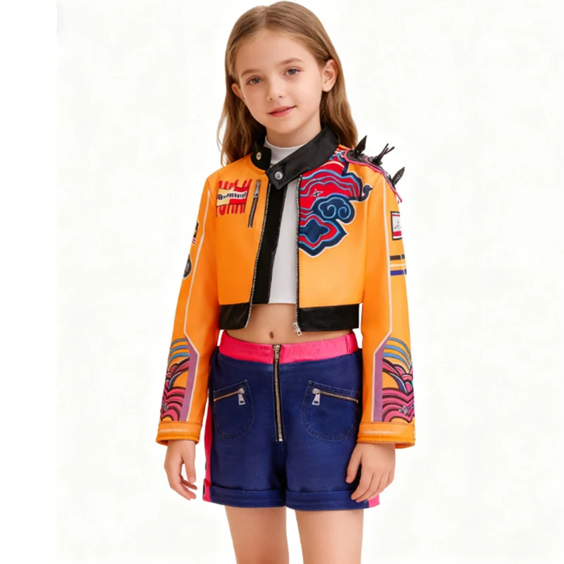 

3PCS Kpop Halloween Costume Girl New Movie Rumi Cosplay Uniform Orange Printed Coat+T-Shirt+Shorts Outfits Carnival Party Dress