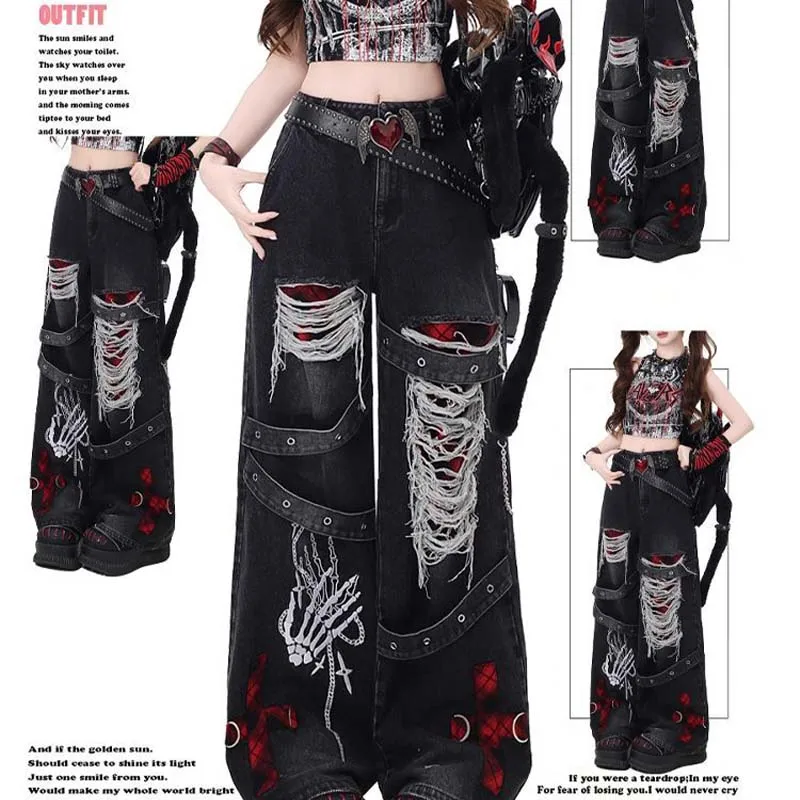 미국 Y2K 고딕 힙합 홀 빈티지 청바지 여성 하이 스트리트 트렌드 배기 워싱 오버롤 벨트 스플라이싱 와이드 레그 팬츠