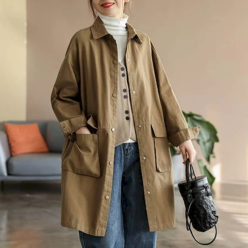 

Solid Trench for Women Long Sleeve Casual Korean Fashion Workwear Extra Long Style Single Breasted One-piece Coats Women Tops