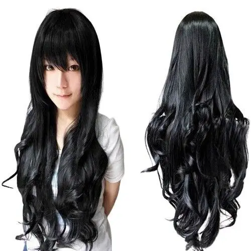 Black Long Curly Wigs Fashion Cosplay Hair Anime Full Wavy Party Wig 80cm