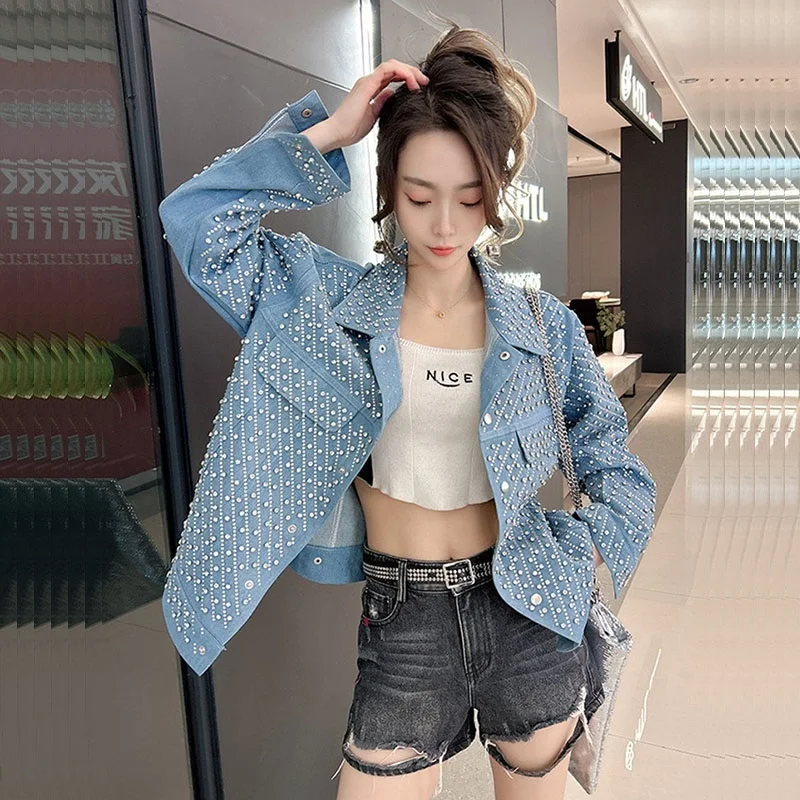 

Streetwear Fashion Blue Short Denim Jacket Diamond Loose Casual Spring Autumn Casual Lapel Long Sleeve Jeans Jacket Coat Female