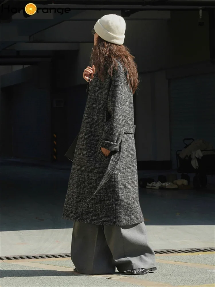 HanOrange 2024 Winter Chinese Cowhorn Button Woolen Coat Women Loose Thick Heavy Coat Female Black White Plaid/Warm Brown Camel