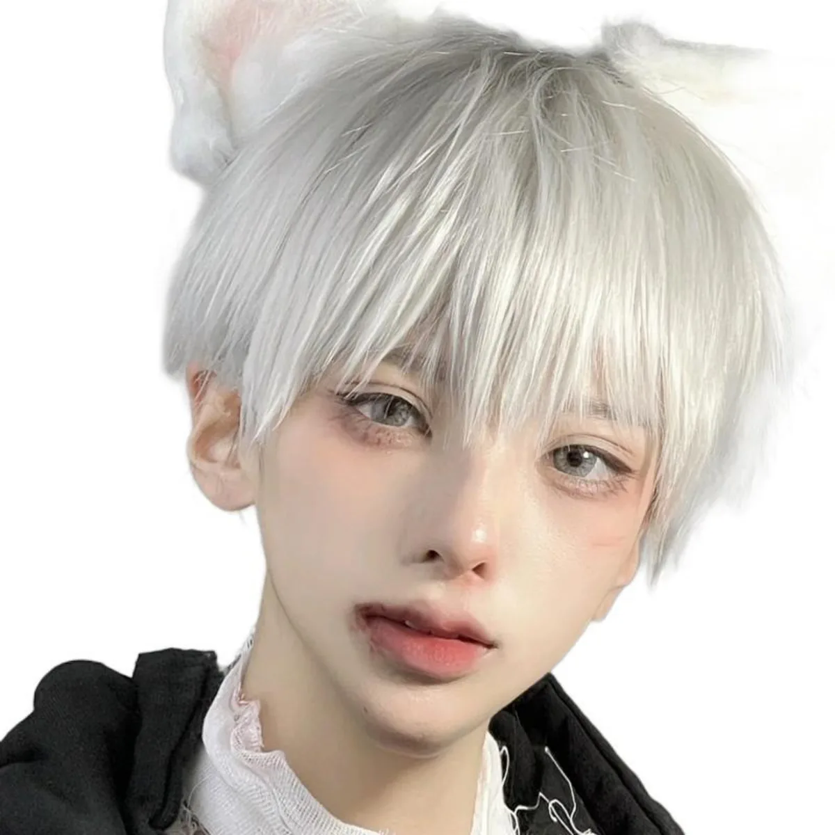 Witte korte haar volledige pruik voor mannen, Japanse Shota-stijl unisex hittebestendige cosplay pruik