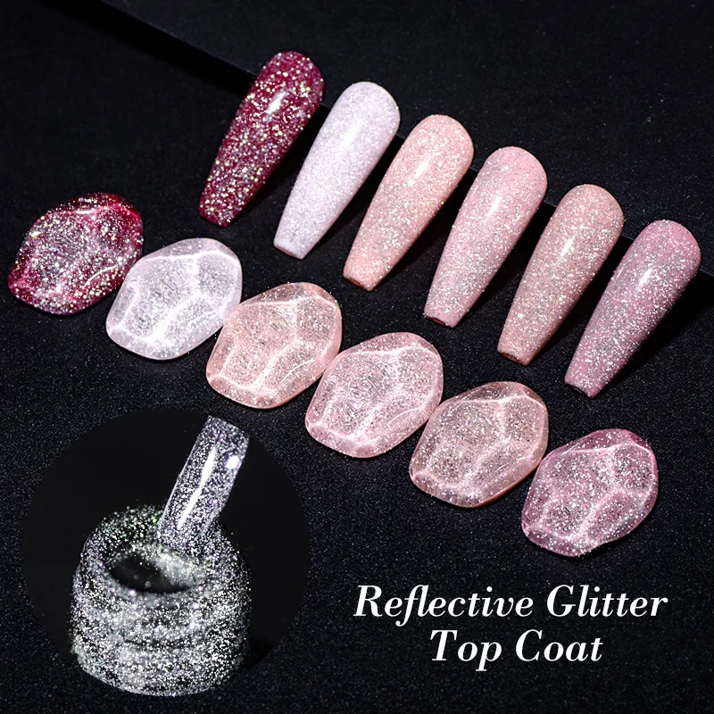 Reflective Glitter Top Coat Gel Nail Polish Silver Colorful Sparkling Laser Semi permanent Varnishes Soak Off Nail Art UV Gel