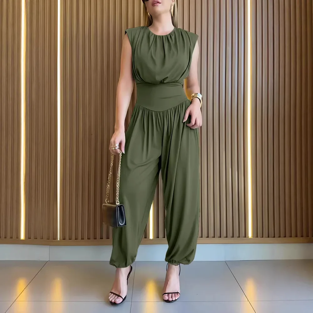 Women's Sleeveless High Slit Jumpsuit Bohemian Style Wide Leg Pants High Waist Gathered Lantern Pants Form Fitting Party Wear