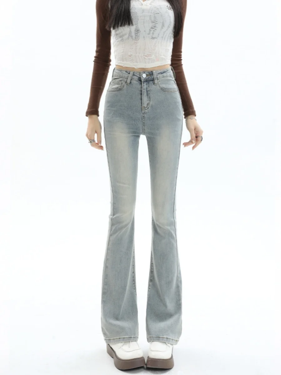 Bell-Bot-Jeans mit hoher Taille für Damen, dehnbar, schmale Passform, helle Farbe, American Vibe, lange Hose, Herbstsaison, erschwinglicher Denim