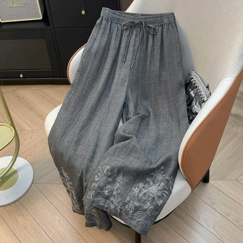 Straight Pants Women Summer Wear Vintage Embroidered Elastic Waist Double-layer Cotton Linen Trousers Casual Flowing Baggy Pants