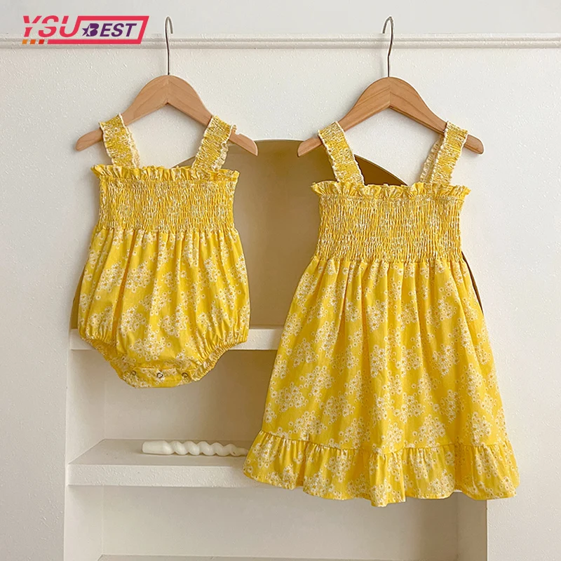 Summer Sister Dress Sweet Baby Girls Print Jumpsuit Toddler Baby Girls Yellow Flowers Kids Princess Dress Girls Sister Clothes