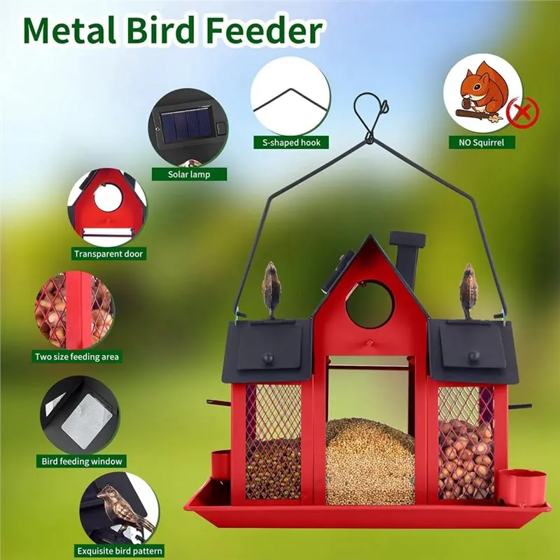 HLZS-Large Cardinal Bird Feeder Birdhouse, Solar Bird Feeders House For Outside Hanging, Metal Wild Bird Feeder For Outdoors