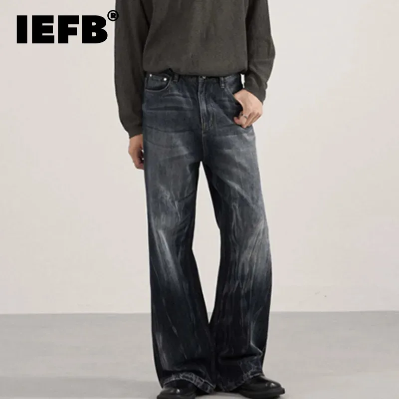 IEFB Men's American Style Denim Pants Washing Tie Dying Contrast Color Casual Wide Leg Flared Trousers Autumn Male Jeans 9W4182