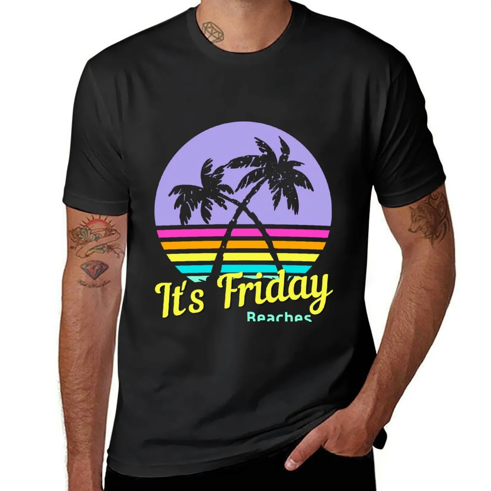 

It's Friday Beaches- Vintage Tropical Sunset, Beach Love The Summer Vibes, Summer Vacation T-Shirt Blouse plain t shirts men